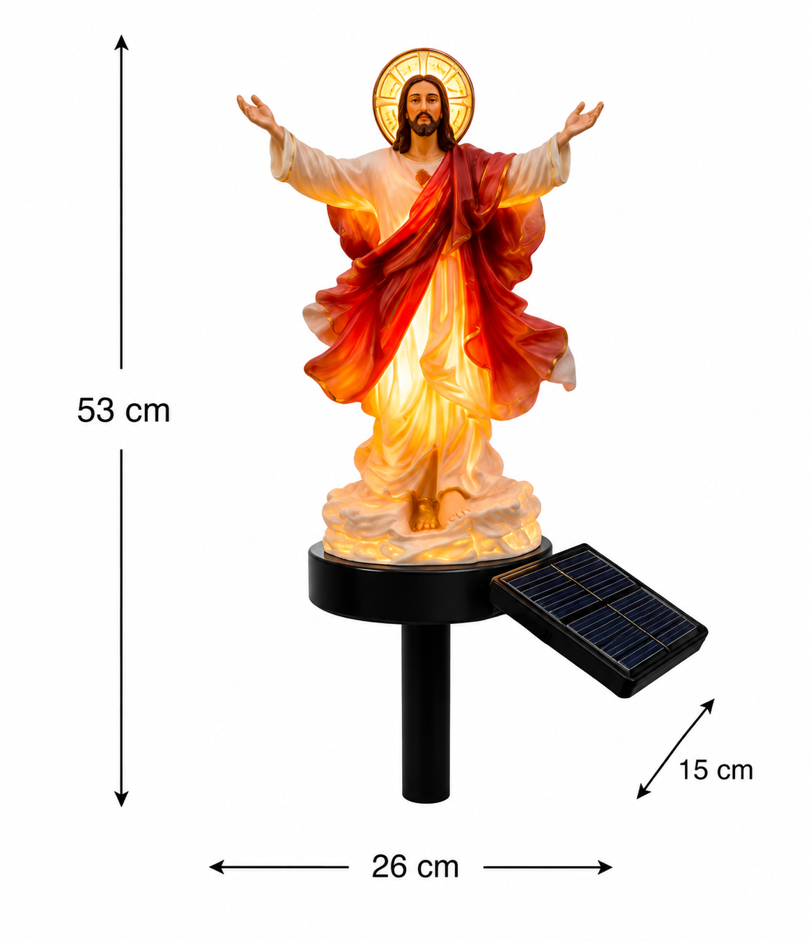 Medidas da escultura iluminada de Jesus: 53 cm de altura, 26 cm de largura e 15 cm de profundidade, com painel solar acoplado