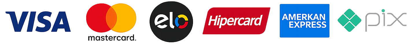 Formas de pagamento aceitas: Visa, Mastercard, Elo, Hipercard, American Express e Pix